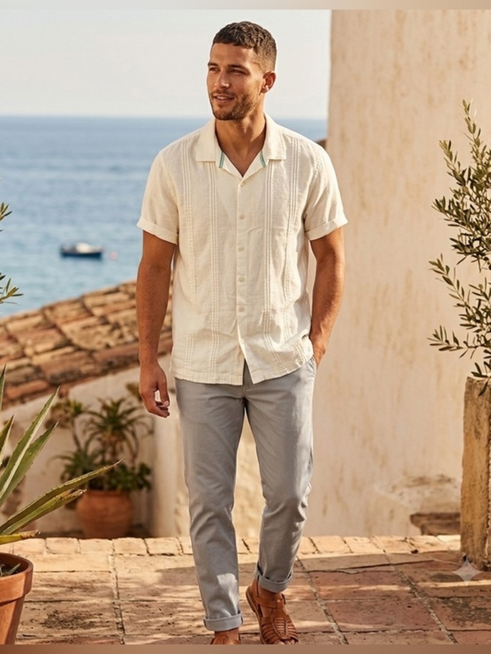 Scotch & Soda Men’s XXL Linen Pintuck Guayabera Button Up Shirt 2XL Ivory